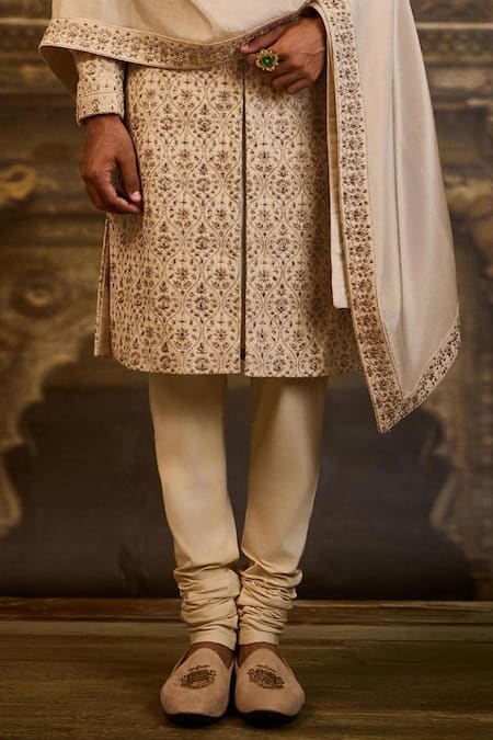 Shop_Nitika Gujral_Beige Silk, Cotton Embroidery Floral Sherwani Set _Online_at_Aza_Fashions