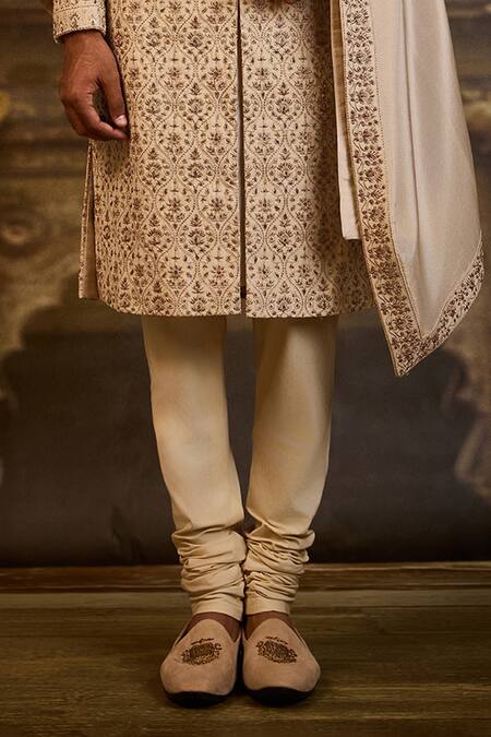 Buy_Nitika Gujral_Beige Silk, Cotton Embroidery Jaal Sherwani Set _Online_at_Aza_Fashions