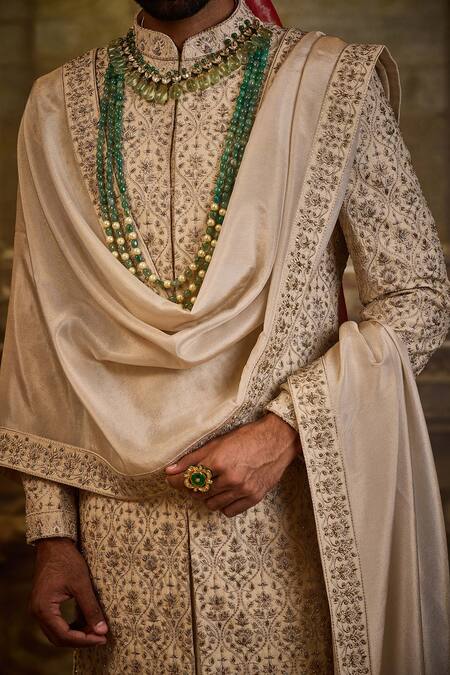 Shop_Nitika Gujral_Beige Silk, Cotton Embroidery Jaal Sherwani Set _Online_at_Aza_Fashions
