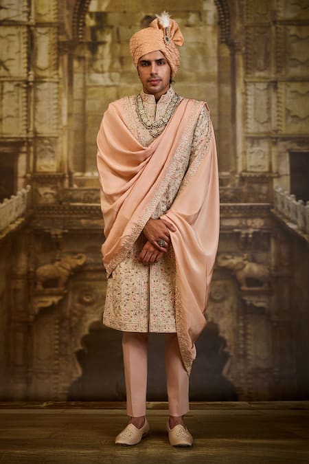 Nitika Gujral Ivory Brocade, Silk, Cotton, Lycra Embroidery Floral Sherwani Set 