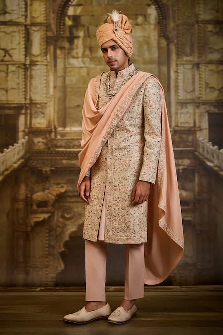 Buy_Nitika Gujral_Ivory Brocade, Silk, Cotton, Lycra Embroidery Floral Sherwani Set _Online_at_Aza_Fashions