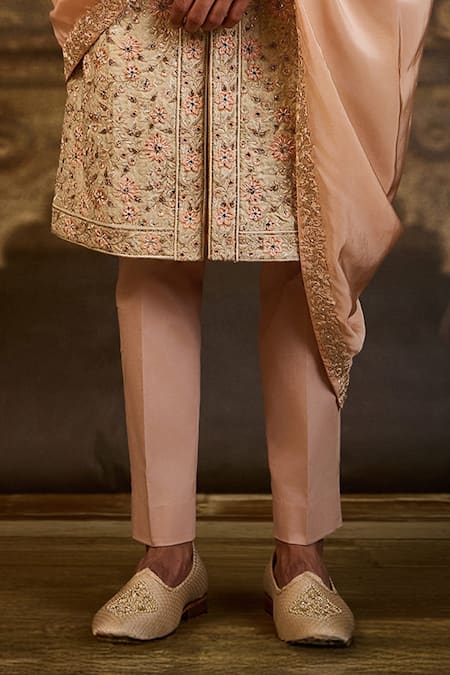Shop_Nitika Gujral_Ivory Brocade, Silk, Cotton, Lycra Embroidery Floral Sherwani Set _Online_at_Aza_Fashions