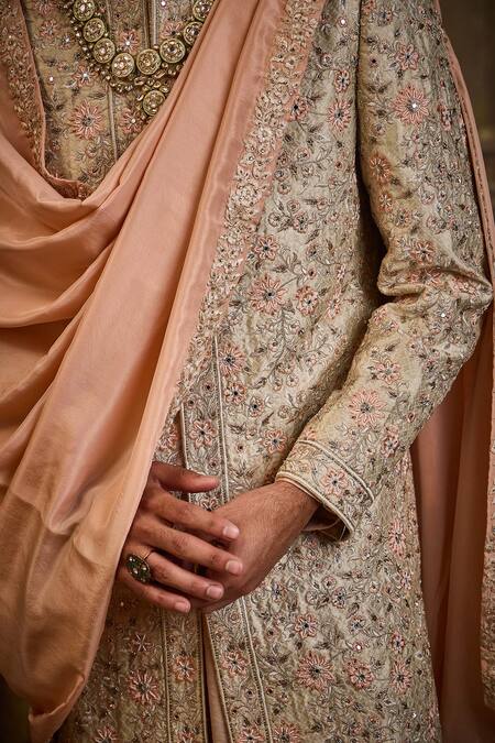 Nitika Gujral_Ivory Brocade, Silk, Cotton, Lycra Embroidery Floral Sherwani Set _at_Aza_Fashions