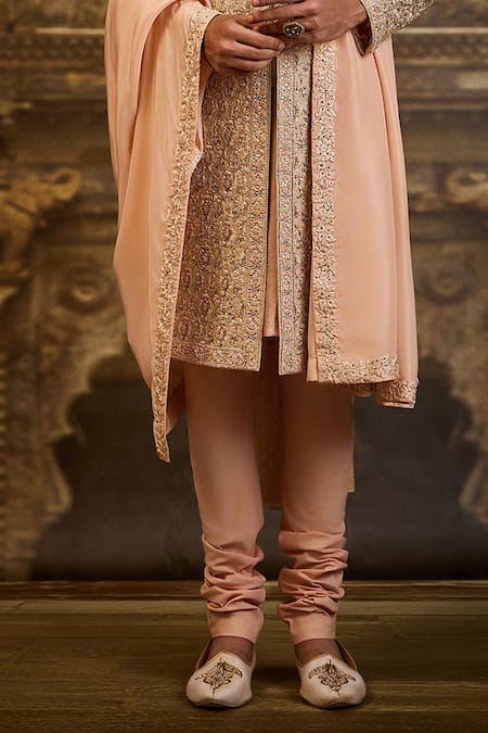 Buy_Nitika Gujral_Peach Brocade, Silk, Cotton, Lycra Embroidery Jaal Sherwani Set _Online_at_Aza_Fashions