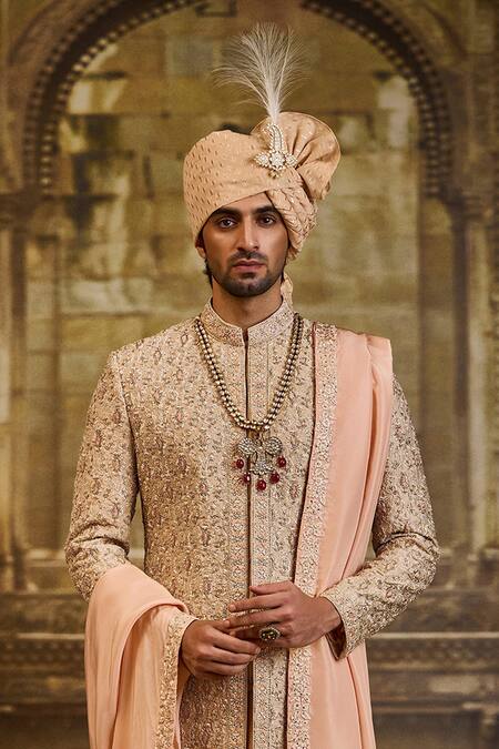Nitika Gujral_Peach Brocade, Silk, Cotton, Lycra Embroidery Jaal Sherwani Set _at_Aza_Fashions