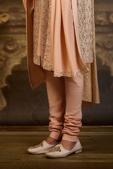 Buy_Nitika Gujral_Peach Brocade, Cotton, Lycra Embroidery Jaal Sherwani Set _Online_at_Aza_Fashions