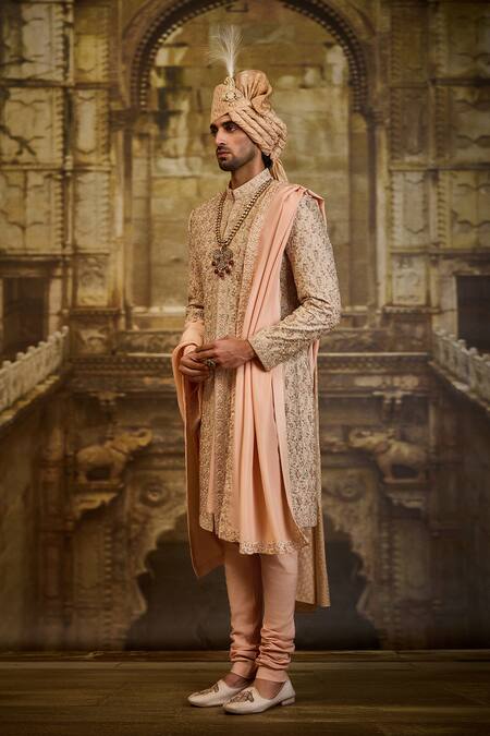 Shop_Nitika Gujral_Peach Brocade, Cotton, Lycra Embroidery Jaal Sherwani Set _Online_at_Aza_Fashions