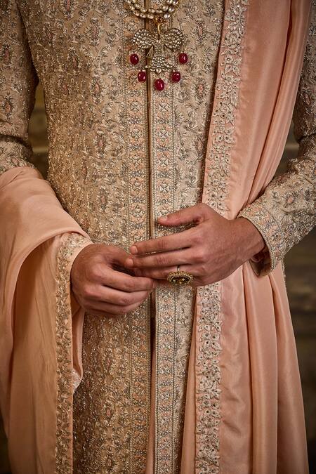 Nitika Gujral_Peach Brocade, Cotton, Lycra Embroidery Jaal Sherwani Set _at_Aza_Fashions