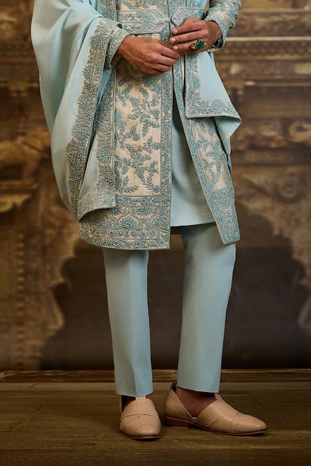 Buy_Nitika Gujral_Aqua Brocade, Silk, Cotton, Lycra Embroidery Flower Sherwani Set _Online_at_Aza_Fashions