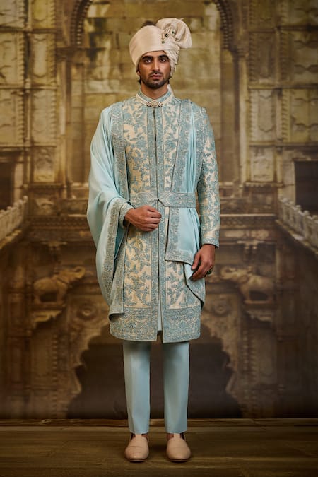 Shop_Nitika Gujral_Aqua Brocade, Silk, Cotton, Lycra Embroidery Flower Sherwani Set _Online_at_Aza_Fashions