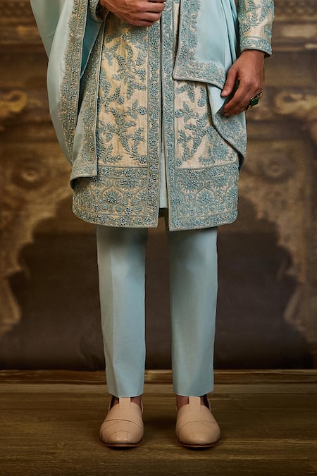 Buy_Nitika Gujral_Aqua Brocade, Silk, Cotton, Lycra Embroidery, Zari Flower Sherwani Set _Online_at_Aza_Fashions