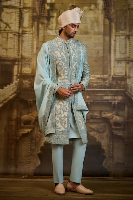 Shop_Nitika Gujral_Aqua Brocade, Silk, Cotton, Lycra Embroidery, Zari Flower Sherwani Set _Online_at_Aza_Fashions