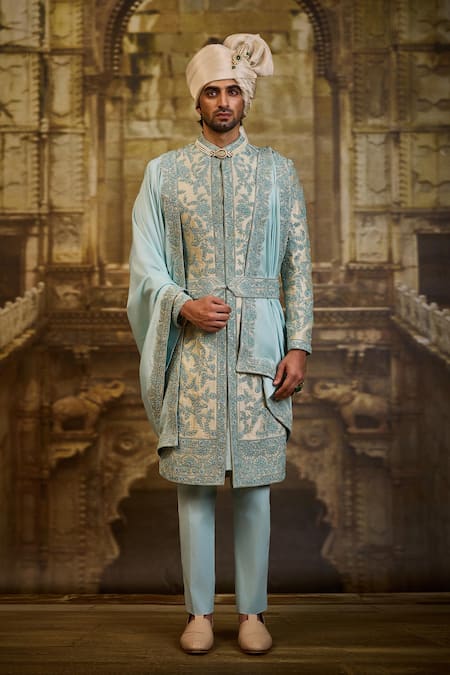 Nitika Gujral Aqua Brocade, Silk, Cotton, Lycra Embroidery, Zari Flower Sherwani Set 