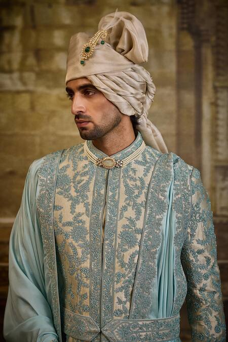 Nitika Gujral_Aqua Brocade, Silk, Cotton, Lycra Embroidery, Zari Flower Sherwani Set _at_Aza_Fashions