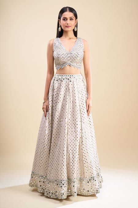 Samyukta Singhania_Off White Georgette, Net Mirrors, Embroidery, Foil Printing Work Lehenga Set _Online_at_Aza_Fashions