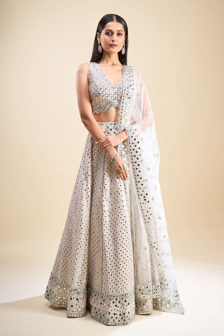 Buy_Samyukta Singhania_Off White Georgette, Net Mirrors, Embroidery, Foil Printing Work Lehenga Set _Online_at_Aza_Fashions