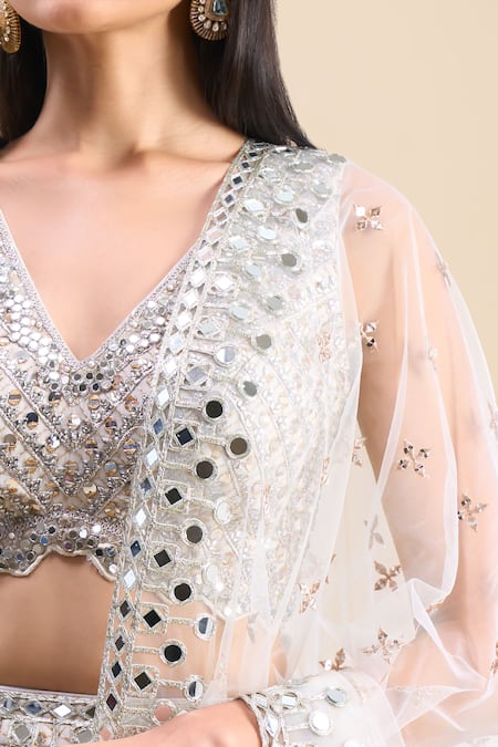 Samyukta Singhania_Off White Georgette, Net Mirrors, Embroidery, Foil Printing Work Lehenga Set _at_Aza_Fashions