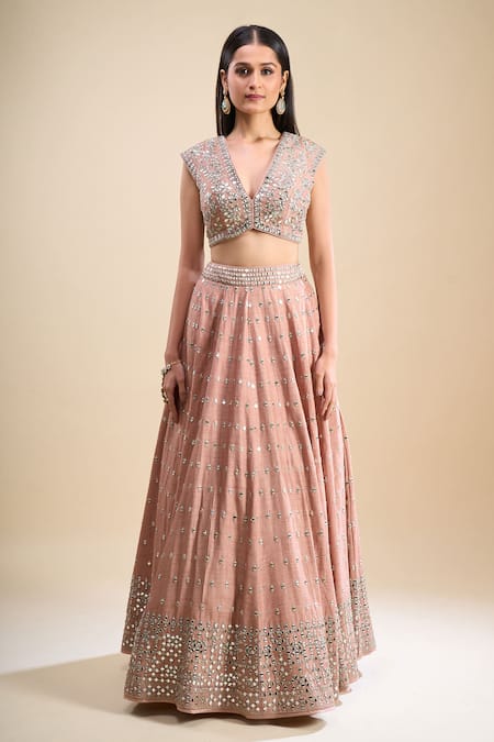 Buy_Samyukta Singhania_Peach Mirrors, Embroidery V-neck Work Lehenga Set _Online_at_Aza_Fashions