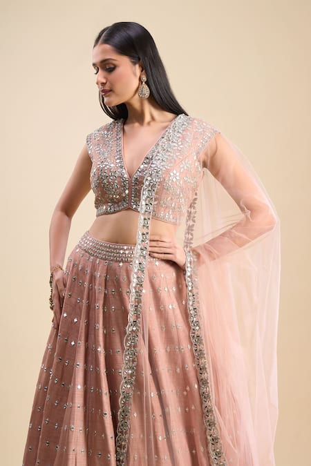 Shop_Samyukta Singhania_Peach Mirrors, Embroidery V-neck Work Lehenga Set _Online_at_Aza_Fashions