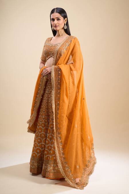 Samyukta Singhania_Orange Silk, Georgette Sequins, Cut Work, Embroidery Sweetheart Neck Lehenga Set_Online_at_Aza_Fashions