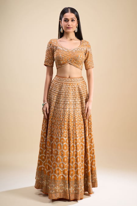 Buy_Samyukta Singhania_Orange Silk, Georgette Sequins, Cut Work, Embroidery Sweetheart Neck Lehenga Set_Online_at_Aza_Fashions