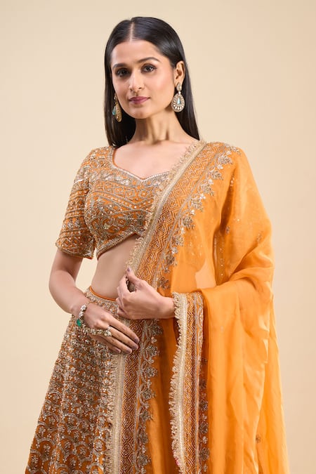 Shop_Samyukta Singhania_Orange Silk, Georgette Sequins, Cut Work, Embroidery Sweetheart Neck Lehenga Set_Online_at_Aza_Fashions
