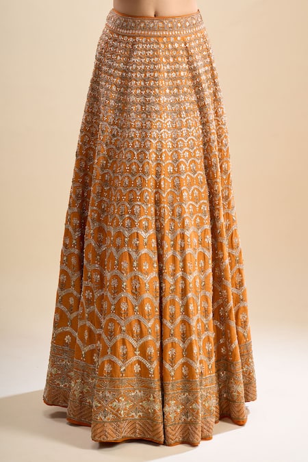 Buy_Samyukta Singhania_Orange Silk, Georgette Sequins, Cut Work, Embroidery Sweetheart Neck Lehenga Set