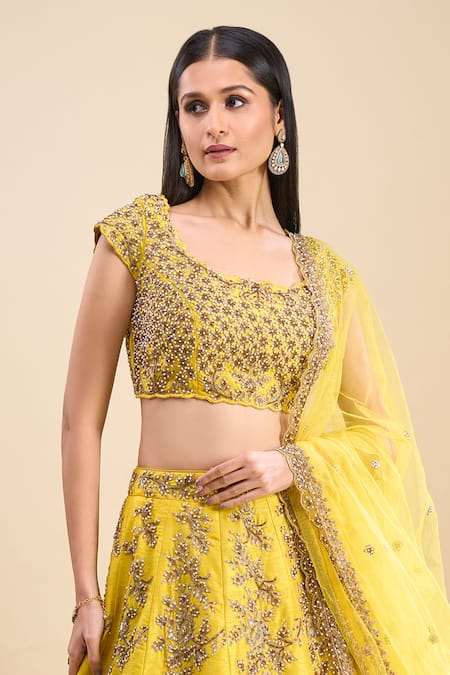 Samyukta Singhania Yellow Silk, Net Sequins, Pearls, Embroidery Square Neck Work Lehenga Set Online at Aza Fashions Samyukta Singhania_Yellow Silk, Net Sequins, Pearls, Embroidery Square Neck Work Lehenga Set _Online_at_Aza_Fashions