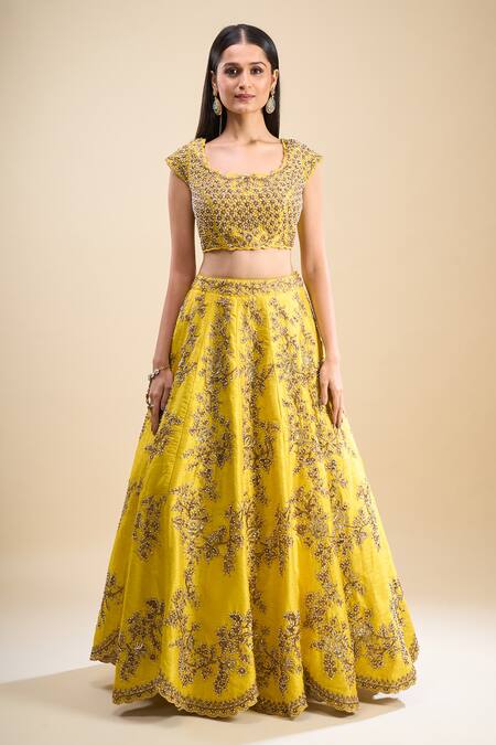 Buy Samyukta Singhania Yellow Silk, Net Sequins, Pearls, Embroidery Square Neck Work Lehenga Set Online at Aza Fashions Buy_Samyukta Singhania_Yellow Silk, Net Sequins, Pearls, Embroidery Square Neck Work Lehenga Set _Online_at_Aza_Fashions