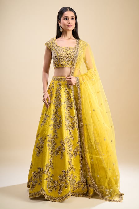 Samyukta Singhania Yellow Silk, Net Sequins, Pearls, Embroidery Square Neck Work Lehenga Set at Aza Fashions Samyukta Singhania_Yellow Silk, Net Sequins, Pearls, Embroidery Square Neck Work Lehenga Set _at_Aza_Fashions