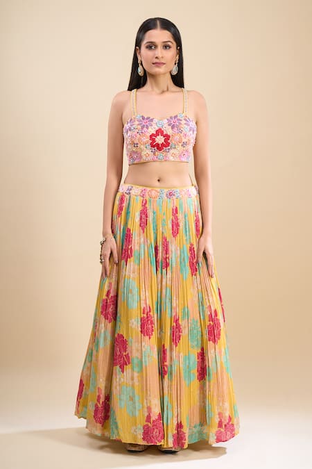 Samyukta Singhania_Multi Color Georgette, Organza Embroidery, Mirrors, Floral Pattern Lehenga Set _Online_at_Aza_Fashions