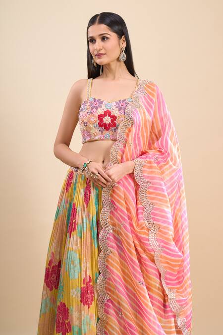 Buy_Samyukta Singhania_Multi Color Georgette, Organza Embroidery, Mirrors, Floral Pattern Lehenga Set 