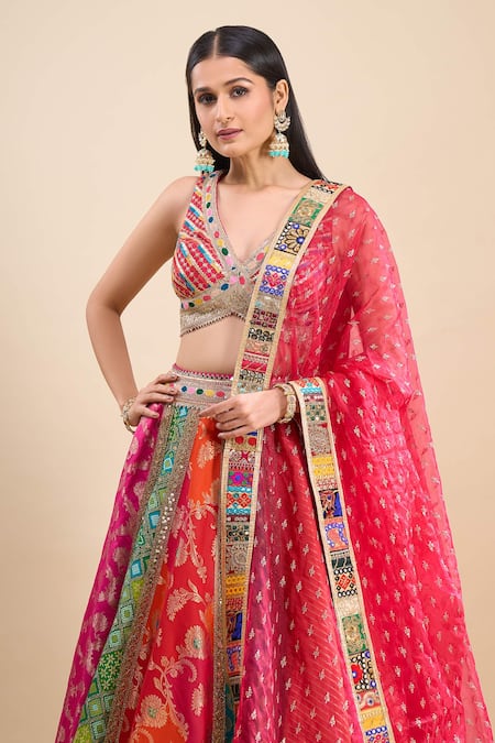 Samyukta Singhania_Multi Color Brocade, Organza Sequins, Patchwork, Embroidery, Block Lehenga Set _Online_at_Aza_Fashions