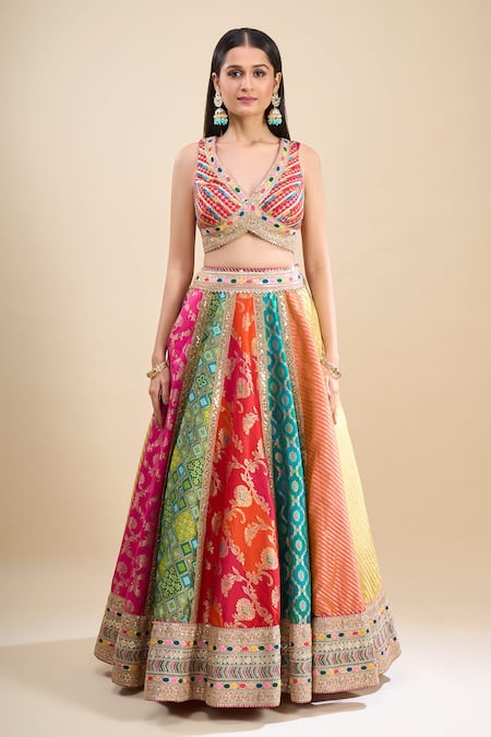 Buy_Samyukta Singhania_Multi Color Brocade, Organza Sequins, Patchwork, Embroidery, Block Lehenga Set _Online_at_Aza_Fashions