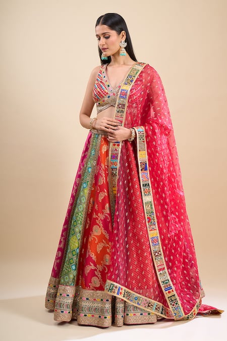 Shop_Samyukta Singhania_Multi Color Brocade, Organza Sequins, Patchwork, Embroidery, Block Lehenga Set _Online_at_Aza_Fashions