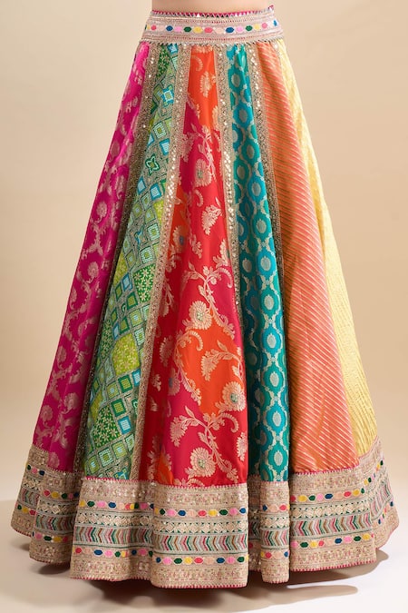 Samyukta Singhania_Multi Color Brocade, Organza Sequins, Patchwork, Embroidery, Block Lehenga Set _at_Aza_Fashions