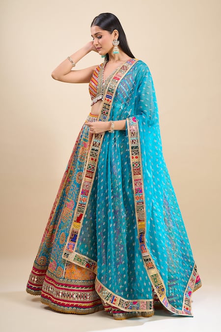 Buy Samyukta Singhania Blue Silk, Organza Mirrors, Pearls, Sequins, Zari, Embroidery Work Lehenga Set Online at Aza Fashions Buy_Samyukta Singhania_Blue Silk, Organza Mirrors, Pearls, Sequins, Zari, Embroidery Work Lehenga Set _Online_at_Aza_Fashions