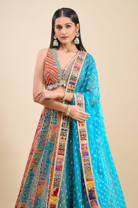 Shop Samyukta Singhania Blue Silk, Organza Mirrors, Pearls, Sequins, Zari, Embroidery Work Lehenga Set Online at Aza Fashions Shop_Samyukta Singhania_Blue Silk, Organza Mirrors, Pearls, Sequins, Zari, Embroidery Work Lehenga Set _Online_at_Aza_Fashions