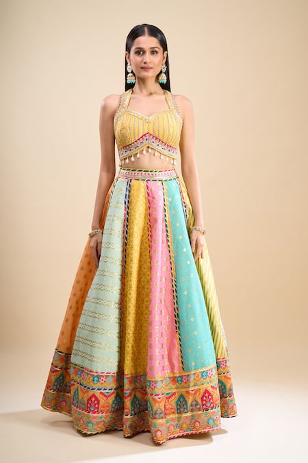 Buy_Samyukta Singhania_Multi Color Brocade, Silk, Organza Foil Printing, Sequins, Block Lehenga Set _Online_at_Aza_Fashions