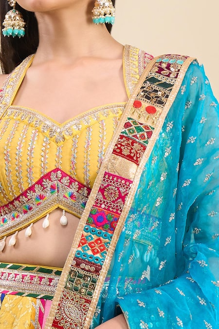 Shop_Samyukta Singhania_Multi Color Brocade, Silk, Organza Foil Printing, Sequins, Block Lehenga Set _Online_at_Aza_Fashions