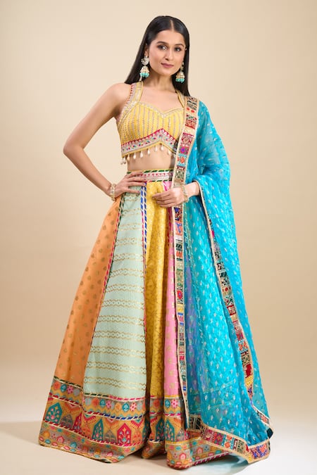 Samyukta Singhania_Multi Color Brocade, Silk, Organza Foil Printing, Sequins, Block Lehenga Set _at_Aza_Fashions