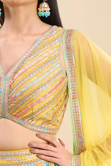 Samyukta Singhania_Multi Color Net Embroidery V-neck Patch Work Lehenga Set _Online_at_Aza_Fashions