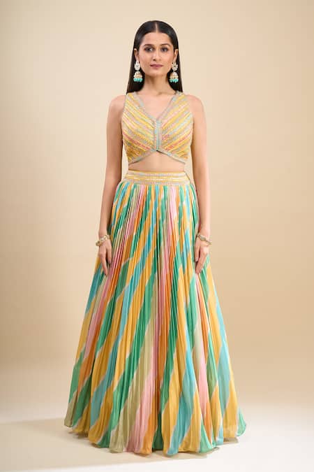 Shop_Samyukta Singhania_Multi Color Net Embroidery V-neck Patch Work Lehenga Set _Online_at_Aza_Fashions