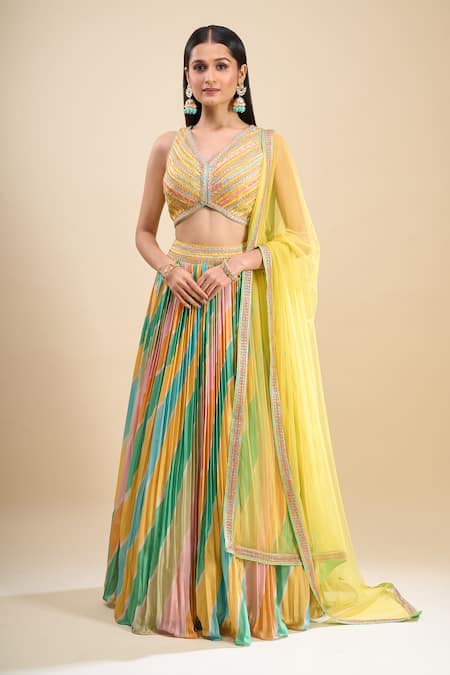Samyukta Singhania_Multi Color Net Embroidery V-neck Patch Work Lehenga Set _at_Aza_Fashions