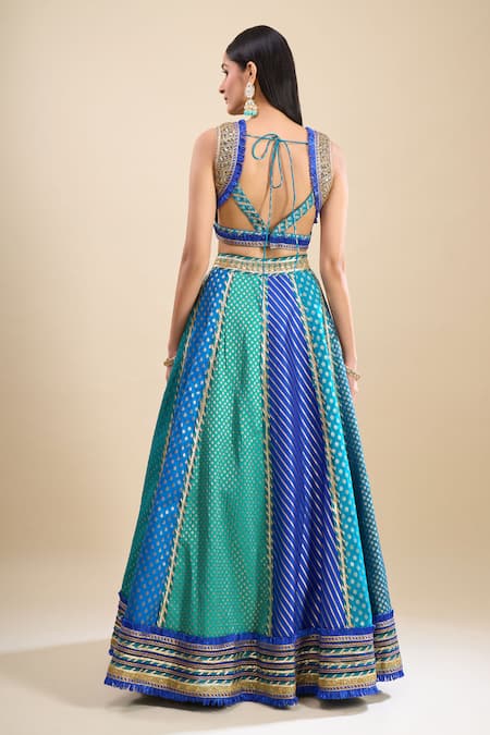 Shop Samyukta Singhania Blue Brocade, Organza Foil Printing, Sequins, Color Block Lehenga Set at Aza Fashions Shop_Samyukta Singhania_Blue Brocade, Organza Foil Printing, Sequins, Color Block Lehenga Set _at_Aza_Fashions