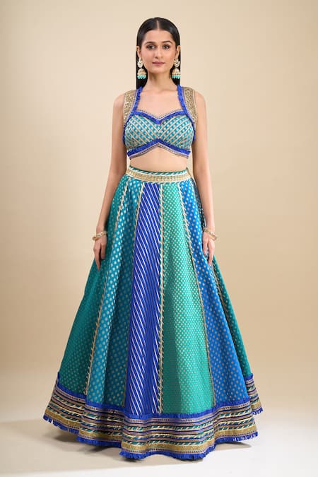 Samyukta Singhania Blue Brocade, Organza Foil Printing, Sequins, Color Block Lehenga Set Online at Aza Fashions Samyukta Singhania_Blue Brocade, Organza Foil Printing, Sequins, Color Block Lehenga Set _Online_at_Aza_Fashions