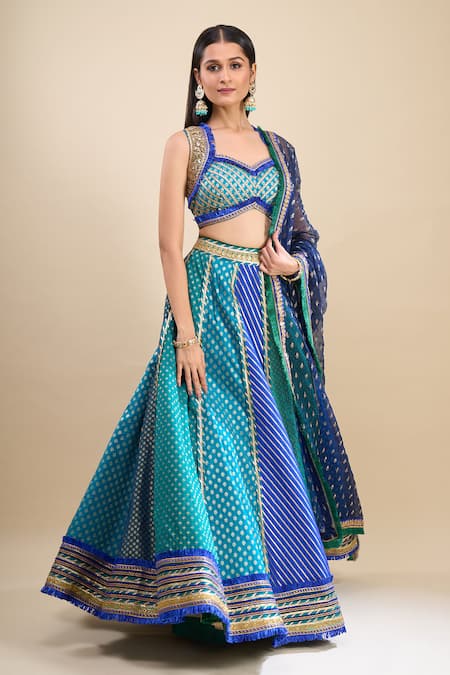 Buy Samyukta Singhania Blue Brocade, Organza Foil Printing, Sequins, Color Block Lehenga Set Online at Aza Fashions Buy_Samyukta Singhania_Blue Brocade, Organza Foil Printing, Sequins, Color Block Lehenga Set _Online_at_Aza_Fashions