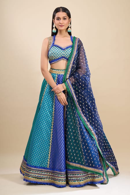 Samyukta Singhania Blue Brocade, Organza Foil Printing, Sequins, Color Block Lehenga Set 