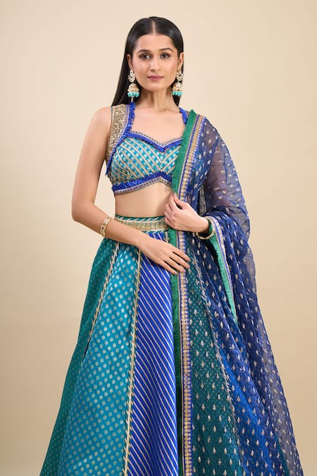 Shop Samyukta Singhania Blue Brocade, Organza Foil Printing, Sequins, Color Block Lehenga Set Online at Aza Fashions Shop_Samyukta Singhania_Blue Brocade, Organza Foil Printing, Sequins, Color Block Lehenga Set _Online_at_Aza_Fashions