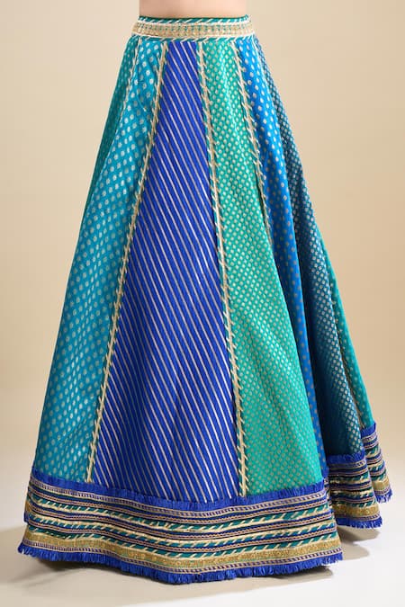 Samyukta Singhania Blue Brocade, Organza Foil Printing, Sequins, Color Block Lehenga Set at Aza Fashions Samyukta Singhania_Blue Brocade, Organza Foil Printing, Sequins, Color Block Lehenga Set _at_Aza_Fashions
